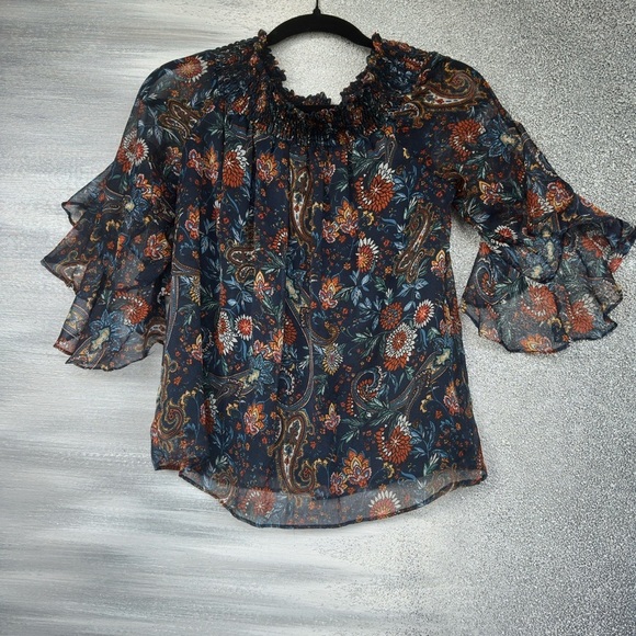1. State Orange Bell Sleeve Blouse with Ruffled Mandarin Collar - Picture 1 of 6